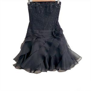 Tadashi Vintage Strapless Mini Silk Dress Petite 4 Black Ruffle Sequin L…